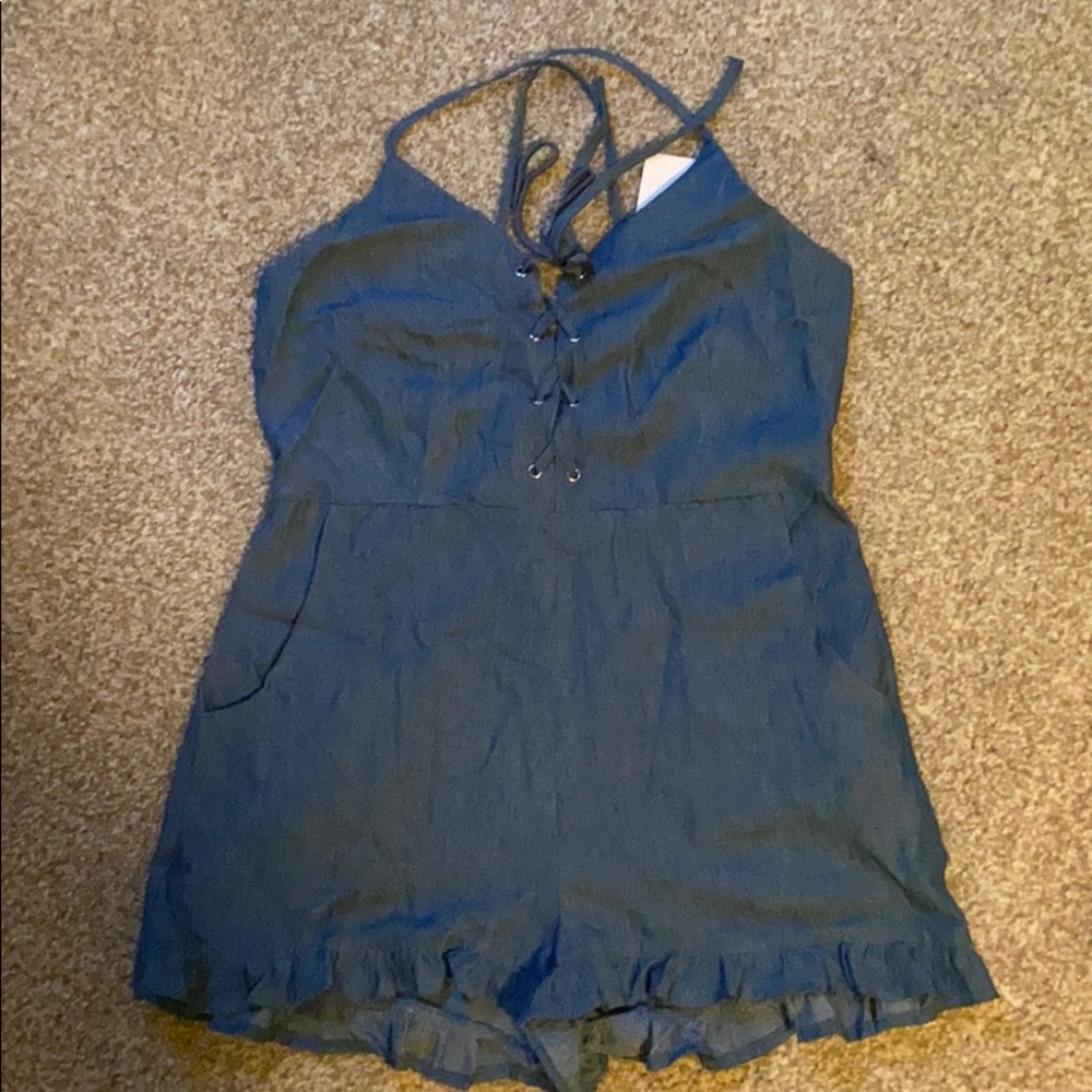 Cami lace up denim romper